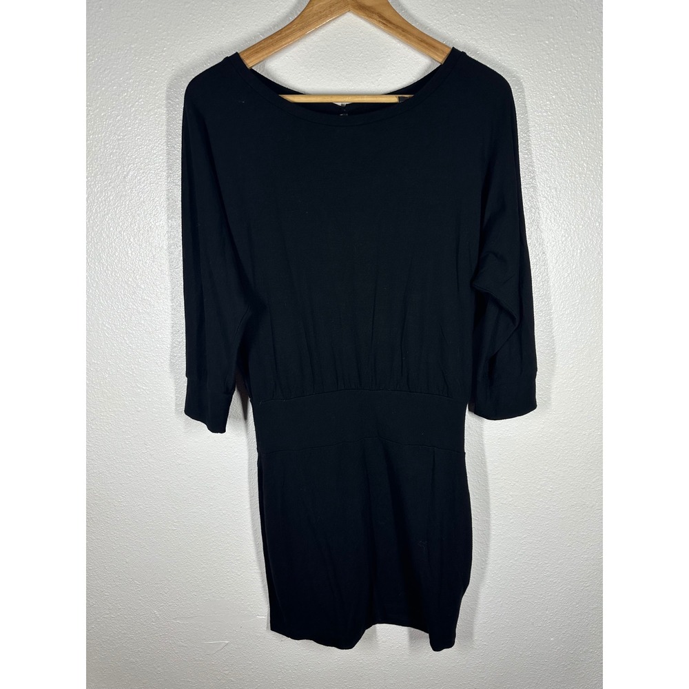 Express Dress Womens S Black Banded Waist Keyhole Back Mini 3/4 Sleeve Solid